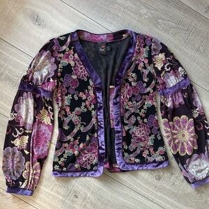 Whimsical Floral Purple Velvet Trim Blouse – Size M